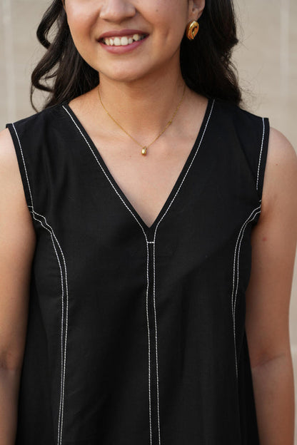 Black Contrast-Stitch Shift Dress