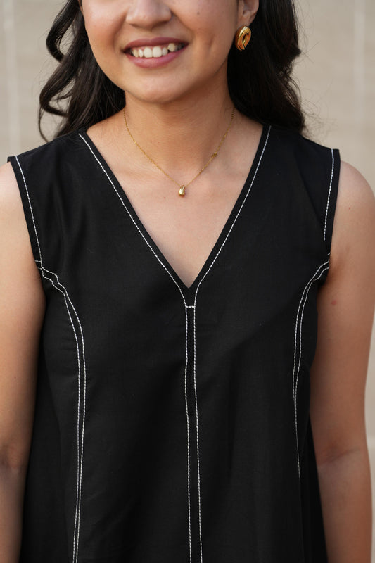 Black Contrast-Stitch Shift Dress