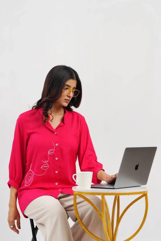 Pink and Azure Embroidery Shirt
