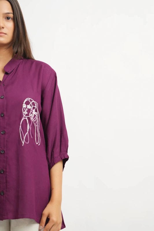Wine  Embroidery Shirt