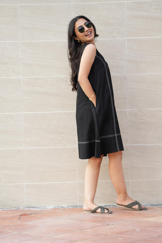 Black Contrast-Stitch Shift Dress
