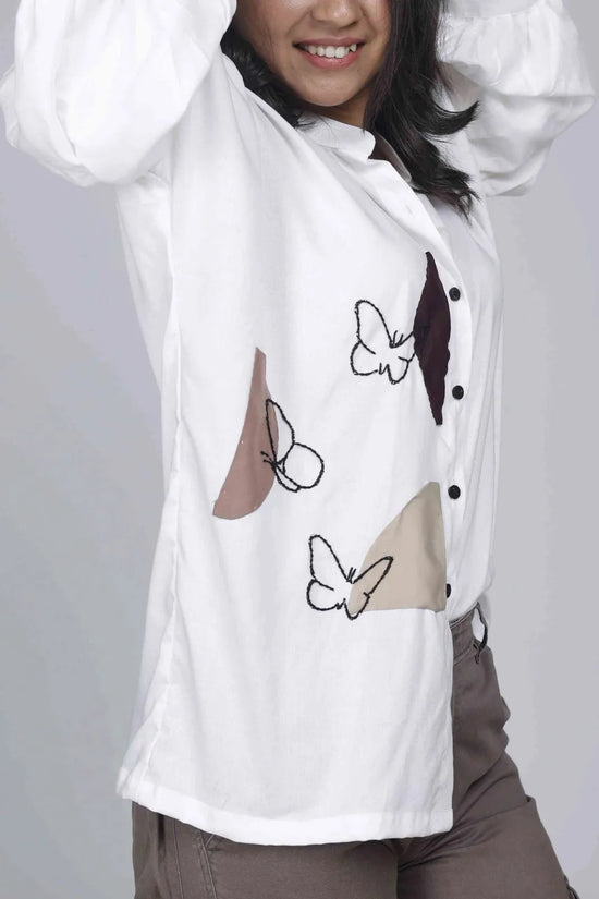 Beige Butterfly Embroidery Shirt