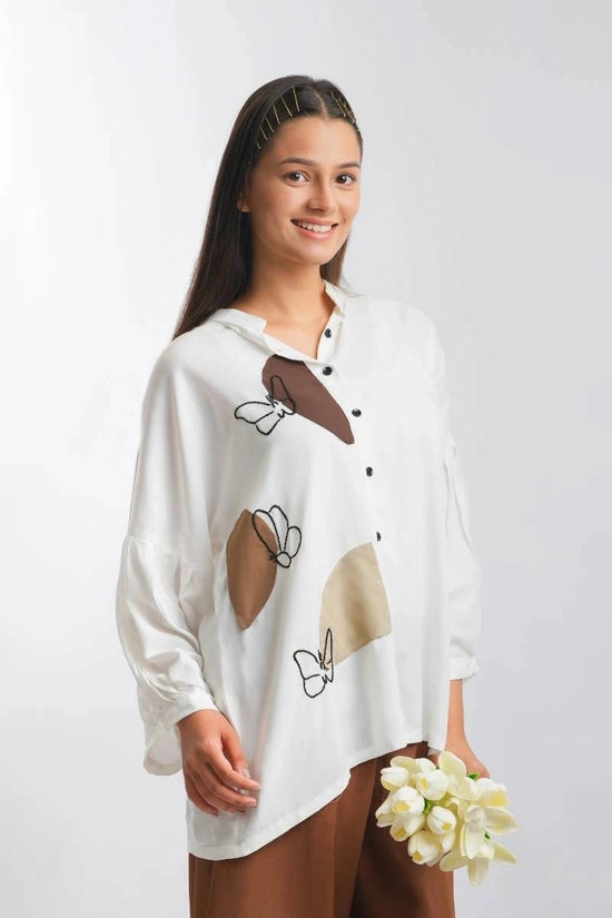Beige Butterfly Embroidery Shirt