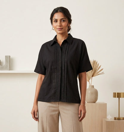 Classic Collared Pintuck Short-Sleeve Shirt