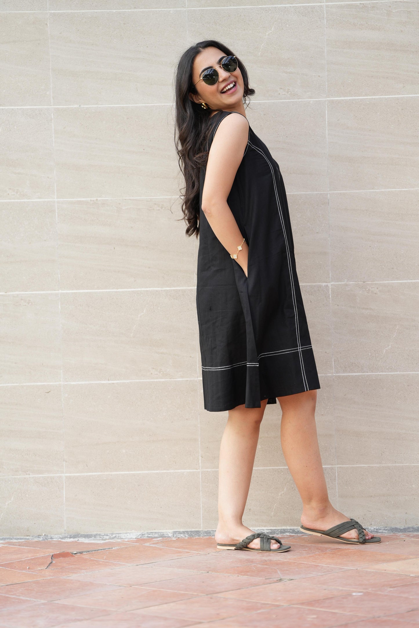 Black Contrast-Stitch Shift Dress