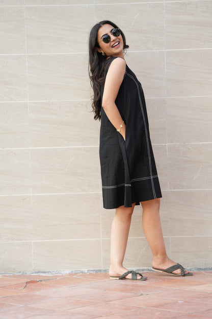 Black Contrast-Stitch Shift Dress