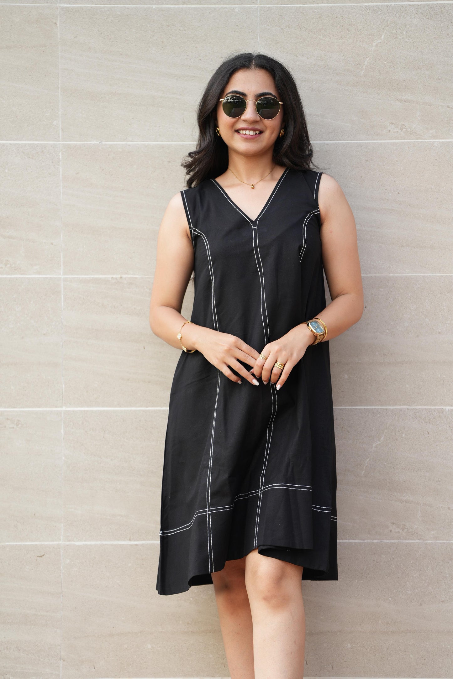 Black Contrast-Stitch Shift Dress