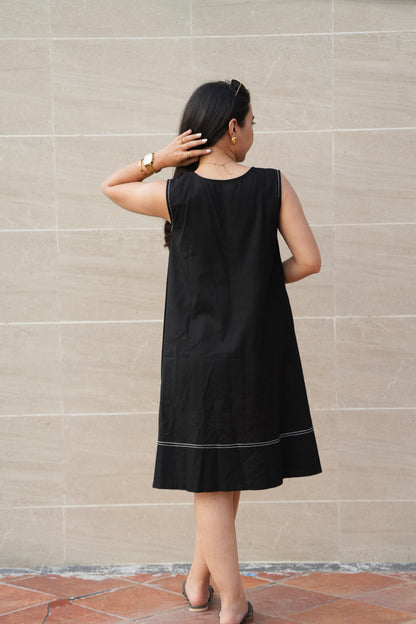 Black Contrast-Stitch Shift Dress