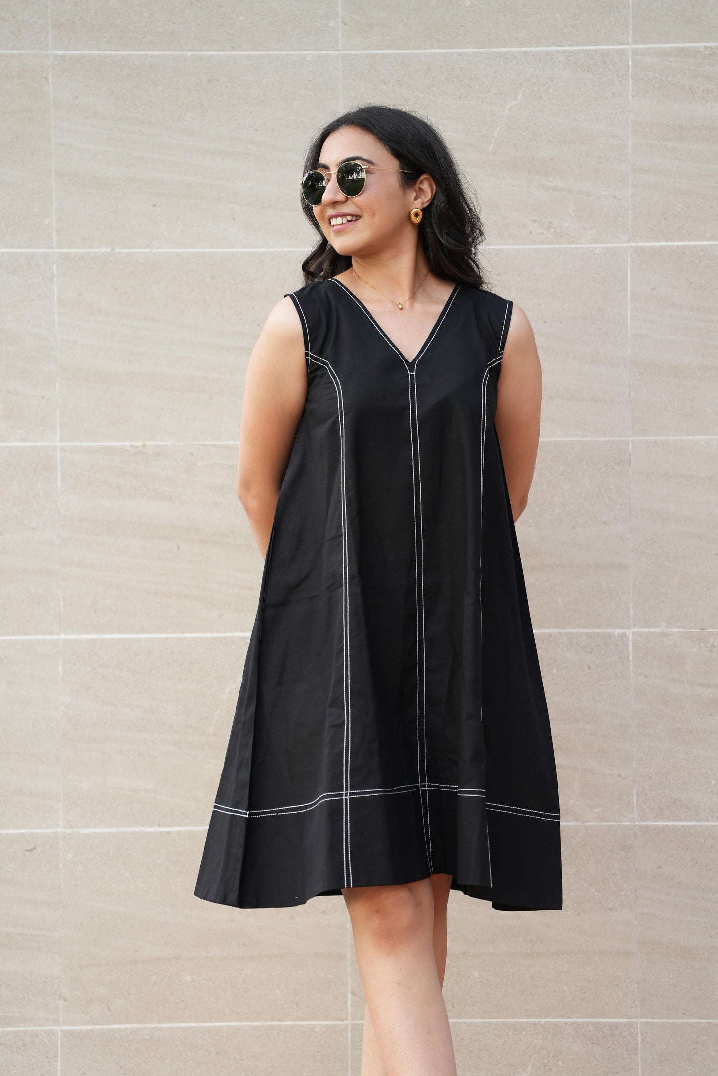 Black Contrast-Stitch Shift Dress