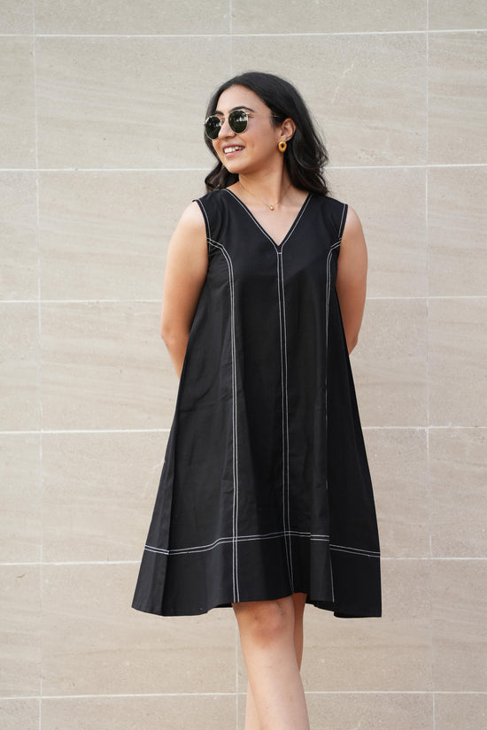 Black Contrast-Stitch Shift Dress