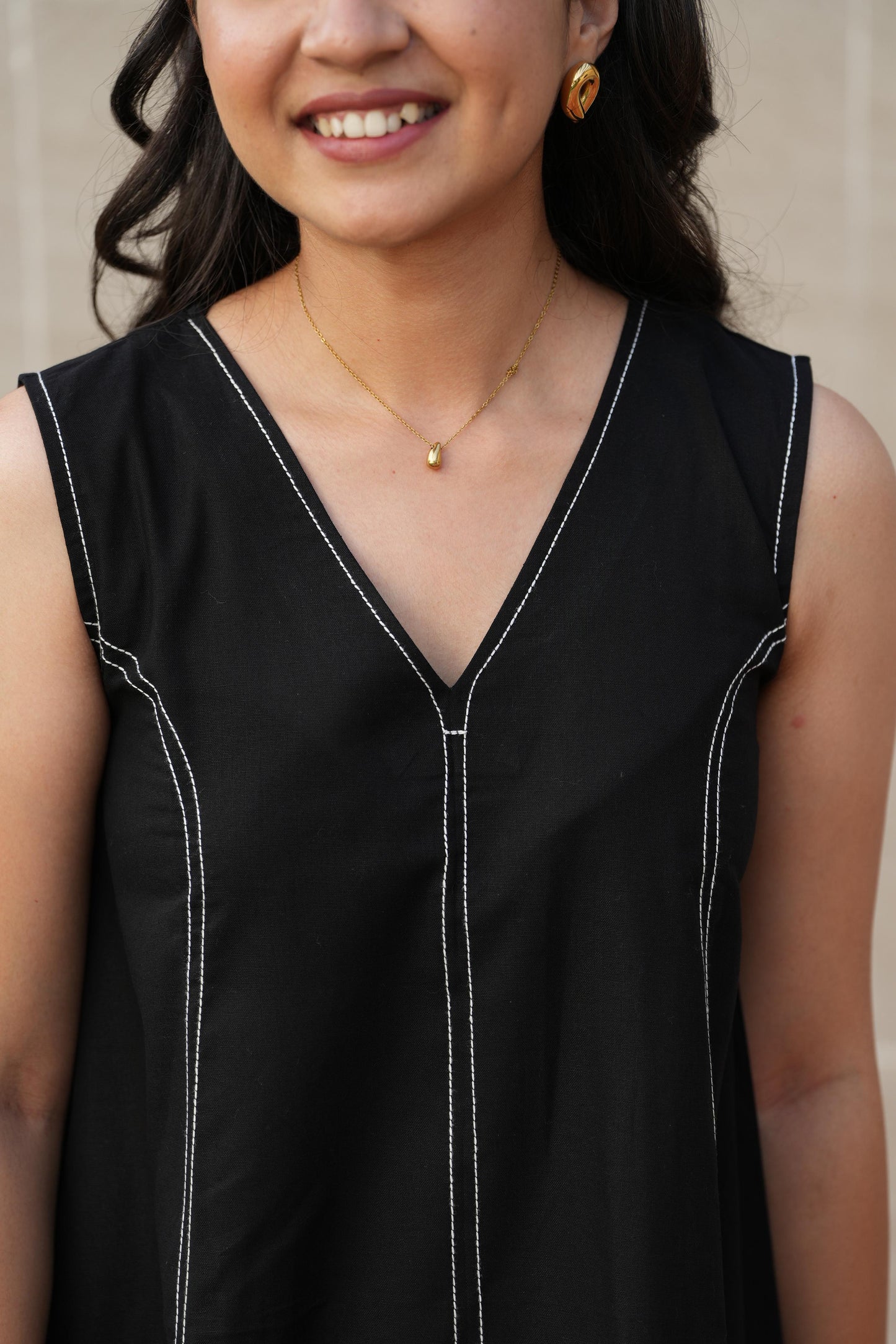 Black Contrast-Stitch Shift Dress
